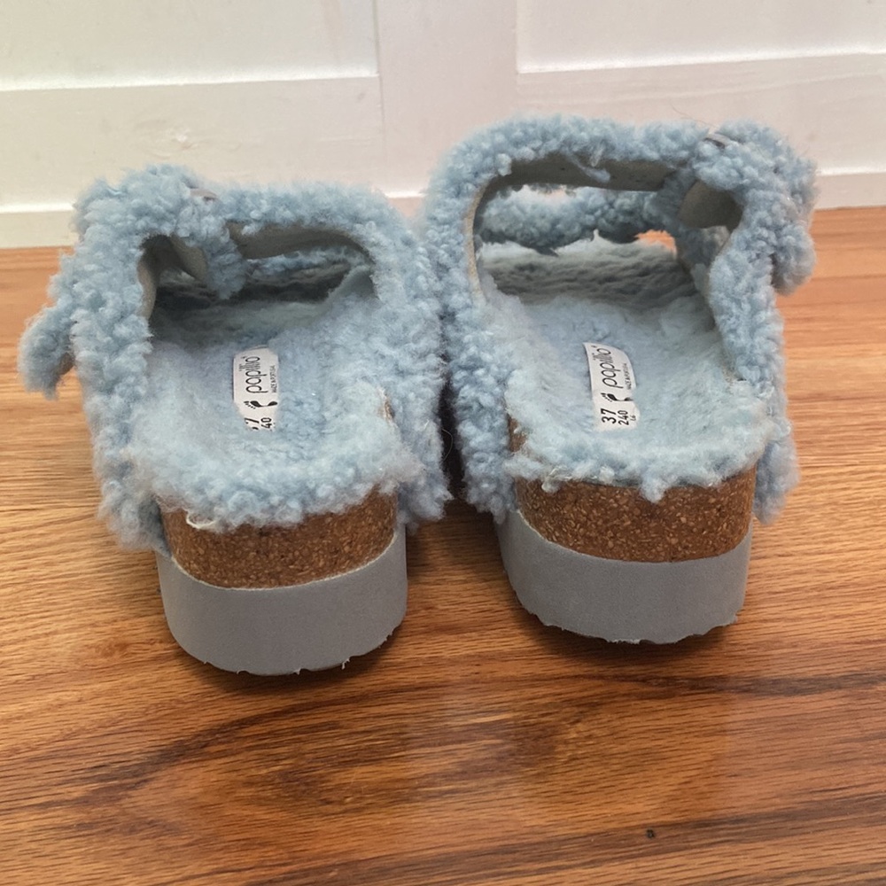 Birkenstock Papillio Arizona Shearling Slide Sandal Blue Size 37 - Picture 10 of 13